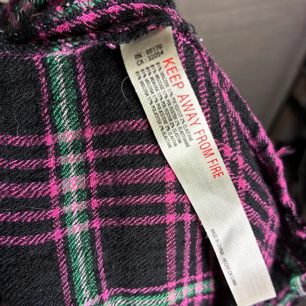 Free People Pink Black Plaid Fringe Duster Flannel‎ Oversized Medium